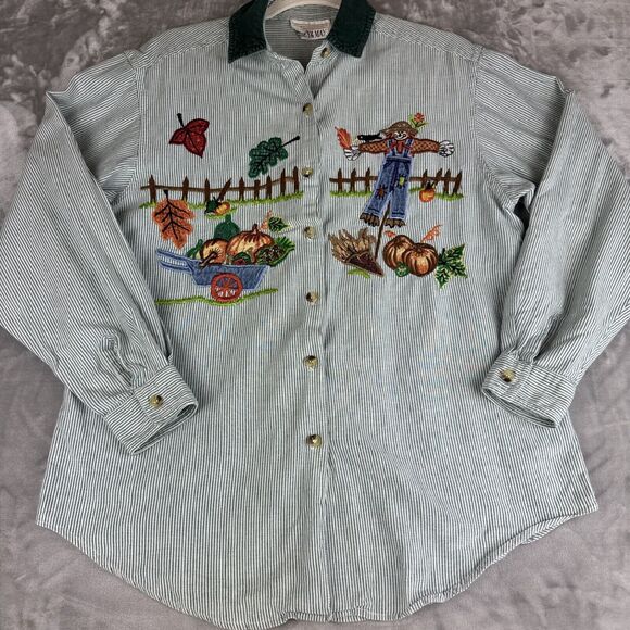 VTG Casey & Max Embroidered Button Up Shirt Women's M Green Stripe Autumn (1138) - Picture 1 of 10